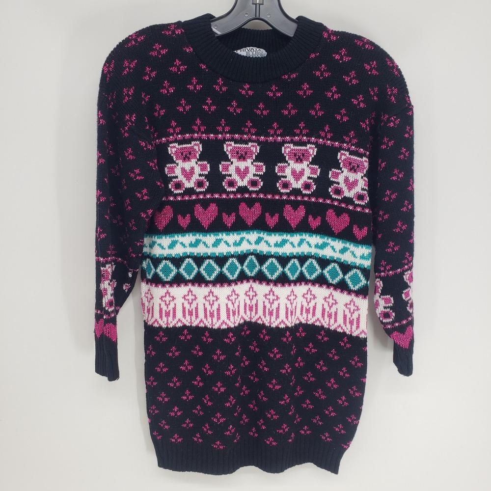 Vintage 90s Private Eyes Bear Heart Fair Isle Sweater Womens XS Black Pink Lurex